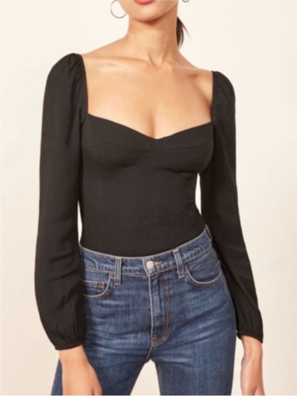 Reformation Reign Black Square-Neck Long Sleeve Top Size 2